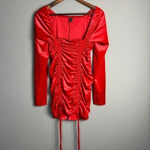 Wild Fable‎ Velvet Mini Dress Ruched Sweetheart Neck Drawstring Long SL Red Sz M